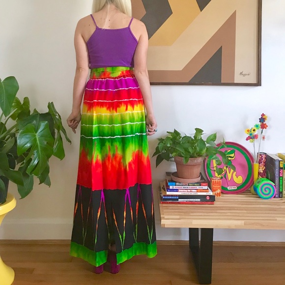 Vintage 70s psychedelic rainbow maxi skirt S-M - Picture 4 of 5
